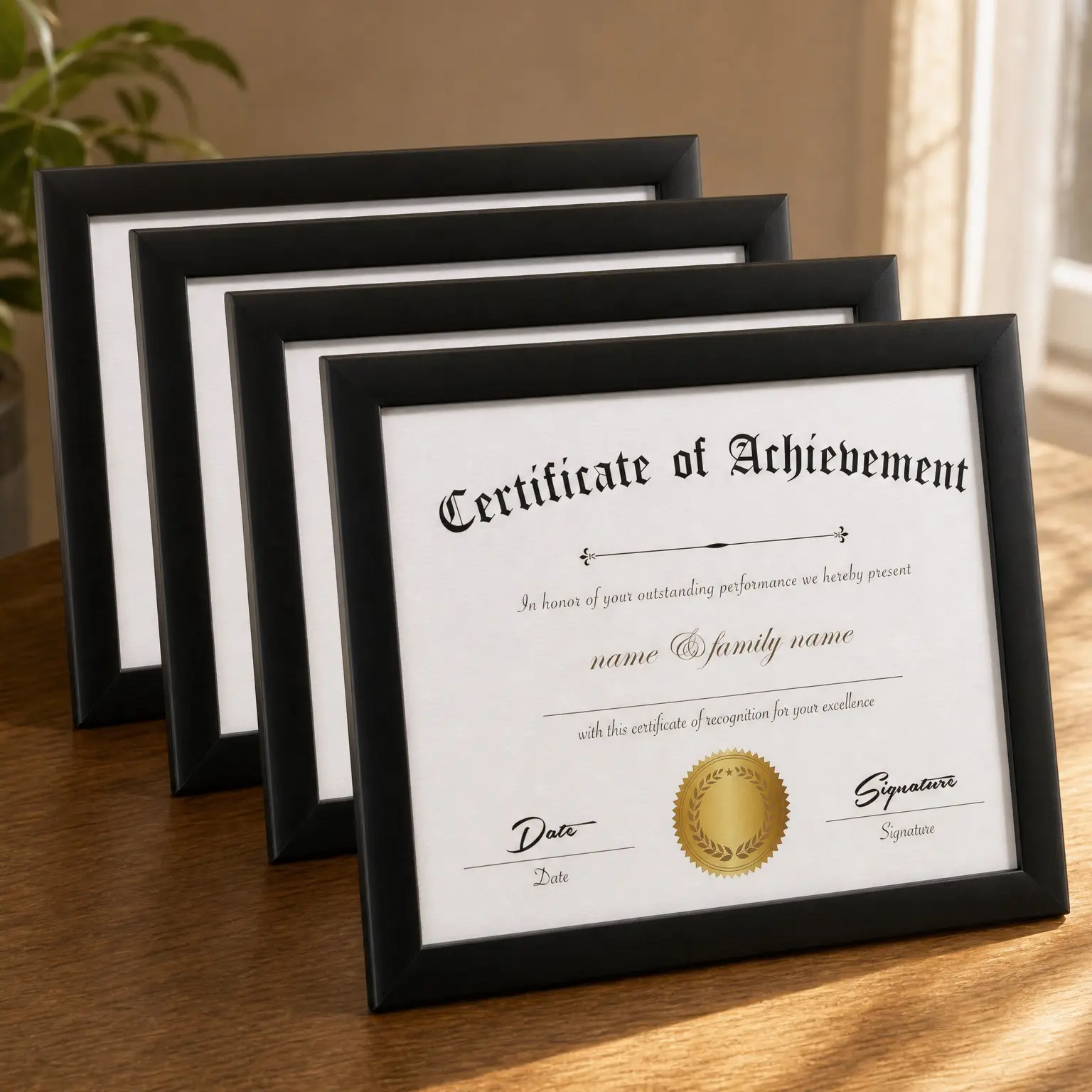 8.5x11 Black Certificate Picture Frame 4 Pack, Sturdy Wood Composite with Semi-Tempered Glass, Hanging Hardware & Desktop Easel for Document/Diploma DisplayGift