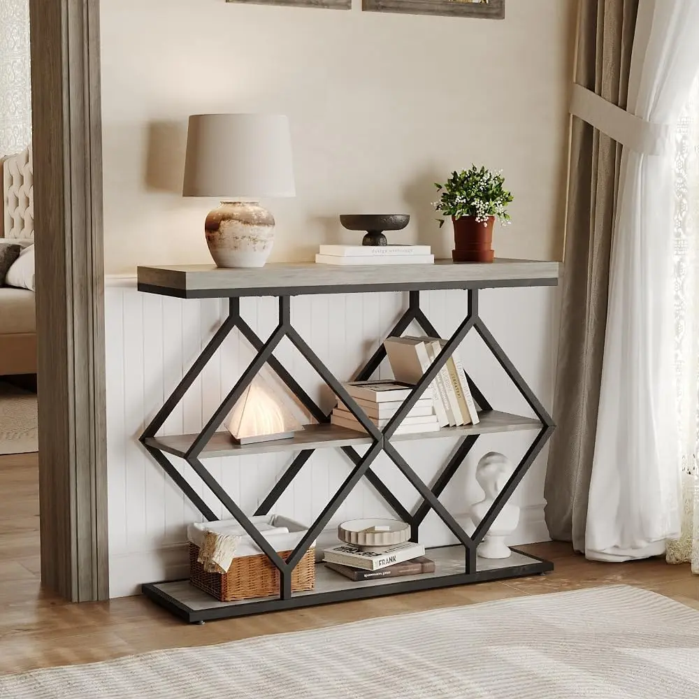 Industrial 3-Tier Iron Freestanding Storage Console Table - Vintage Diamond-Shaped Metal Frame, Open Shelves, Space-Saving Furniture, Living Room Decor, Entryway Table, Easy Assembly, Rustic Brown & Gold Finish