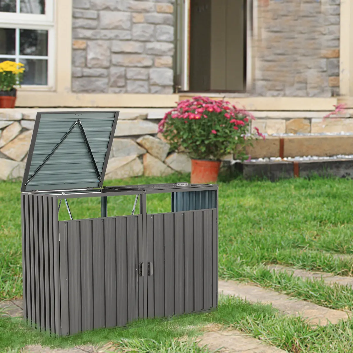 AobtkelGarbage Bin Shed Stores 2 Trash Cans Metal Outdoor Bin Shed for Garbage Storage,Stainless Galvanized Steel, Bin Shed for Garden Yard Lawn,Outdoor Storage Box, Waterproof &UV-Resistant, Perfect for Organizing PatioFurniture,Cushions, Toys, and Tool