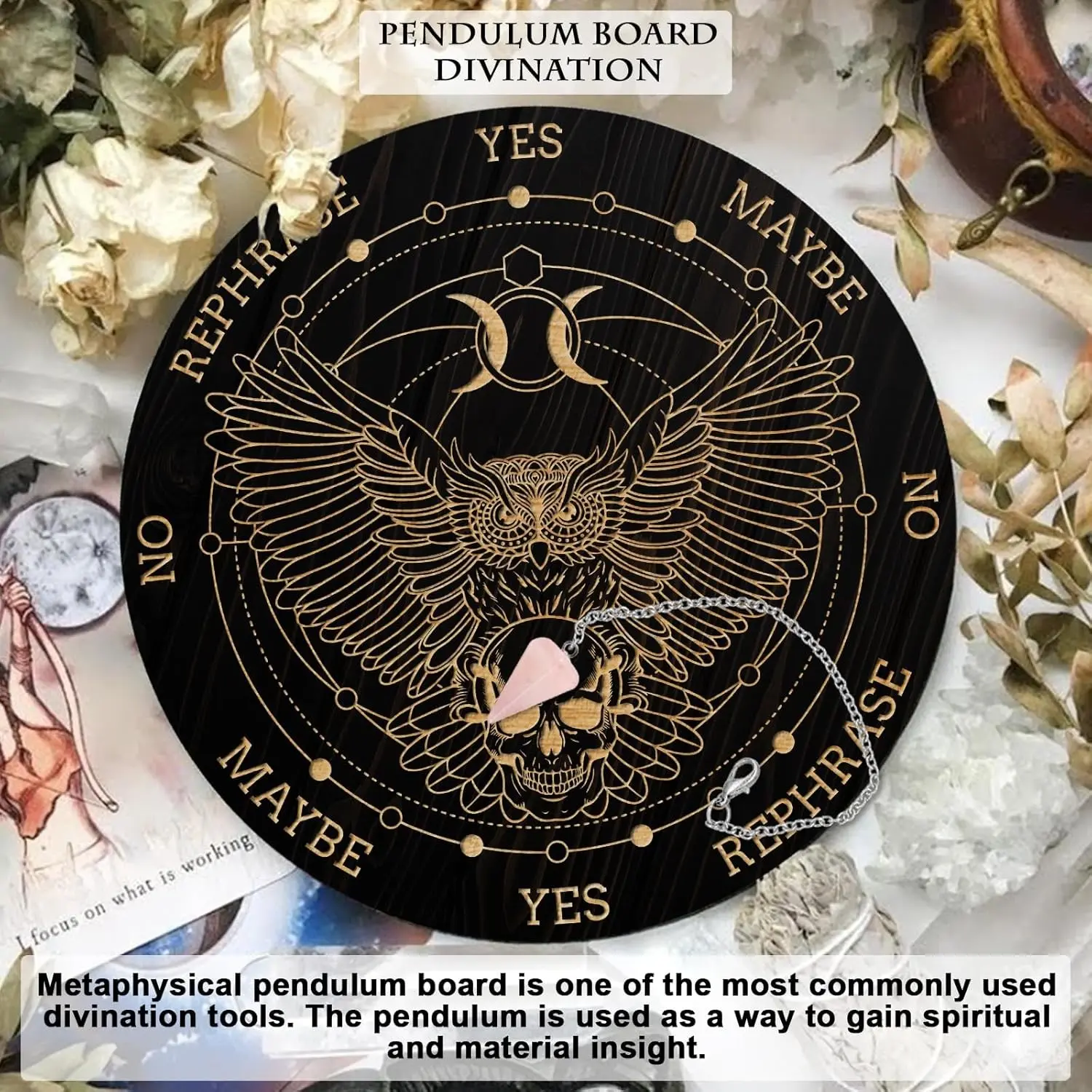 Pendulum Board Set, Wooden Dowsing Divination Board Metaphysical Message Board with Crystal Pendulum Necklace for Witchcraft Wiccan Altar Supplies Kit, Owl & Skull & Moon, Insight