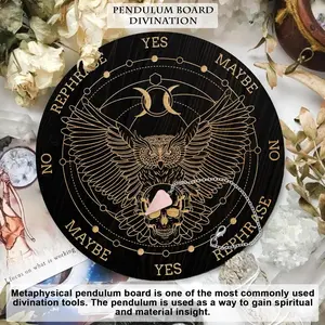 Pendulum Board Set, Wooden Dowsing Divination Board Metaphysical Message Board with Crystal Pendulum Necklace for Witchcraft Wiccan Altar Supplies Kit, Owl & Skull & Moon