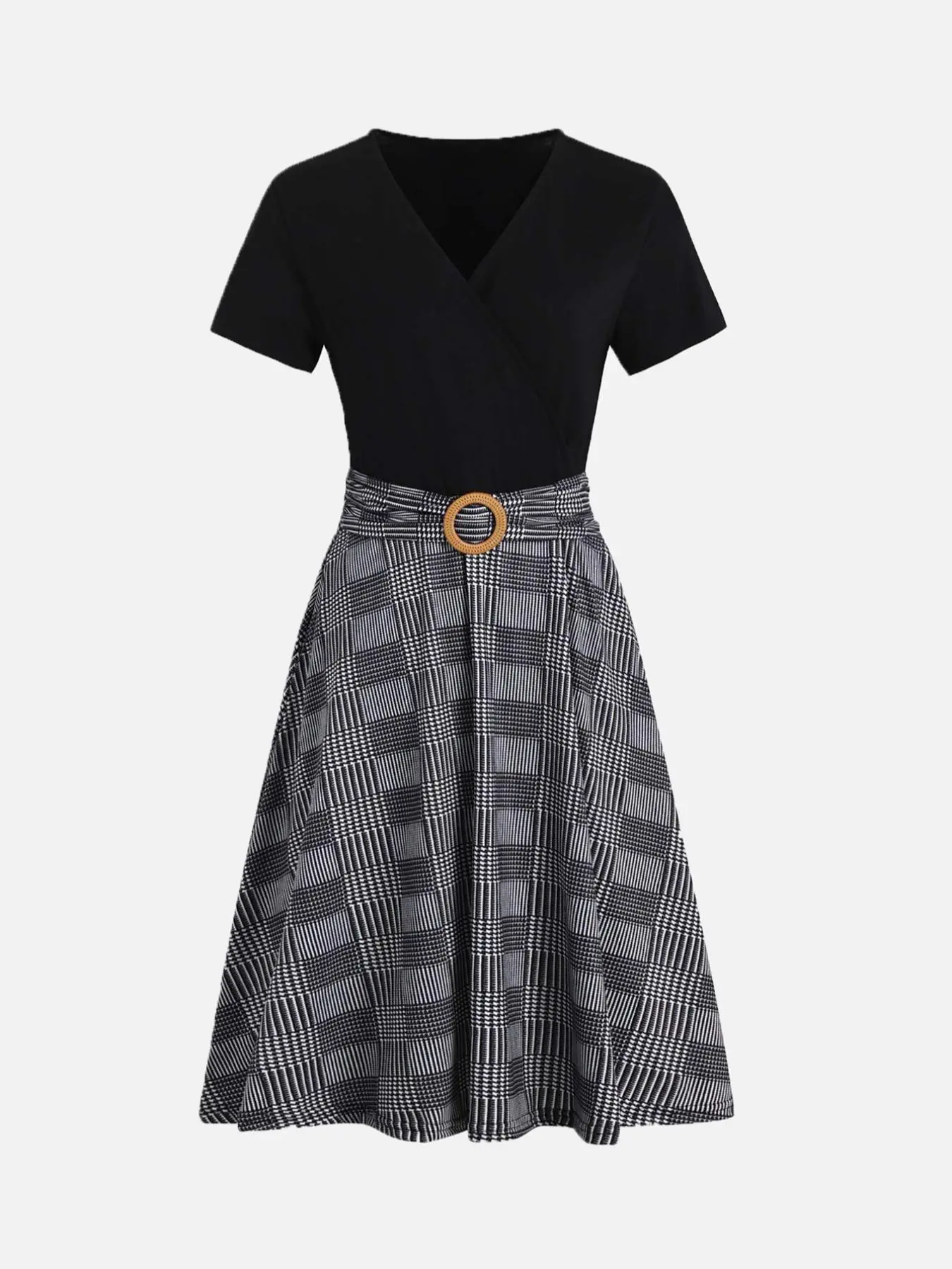 Elegant Short Sleeve V-Neck Midi Dress, Plaid Pattern, Fitted Style, Plain Surface, Unlined, Ideal for Afternoon Tea at Church