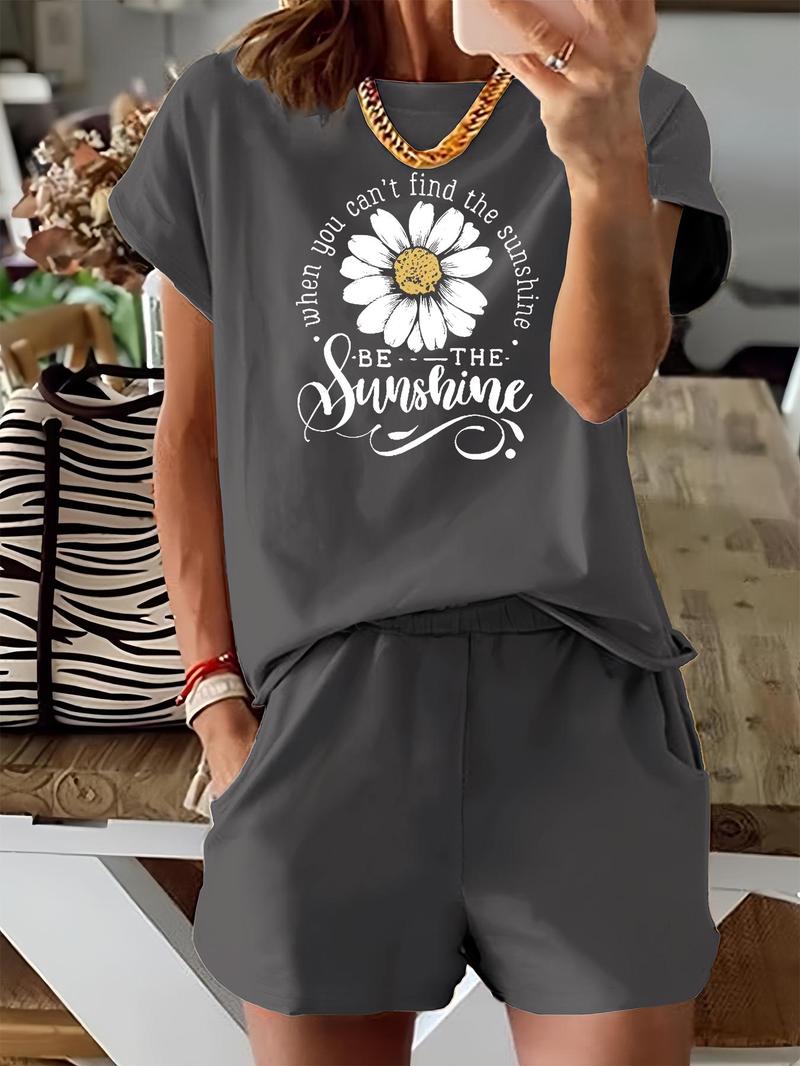 Women's Floral & Letter Print Two-piece Set, Casual Short Sleeve Tee & Elastic Waist Shorts Set, Ladies Summer Outfits for Daily Wear