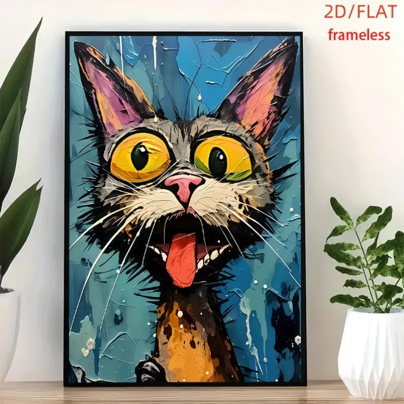 frameless Goofy Tongue Cat Sticker Art Decor Print Poster, Wall Art for Living Room, Bedroom, Office, Dining Room & Bar, Perfect Gift & Home Decor, 12in x 16in