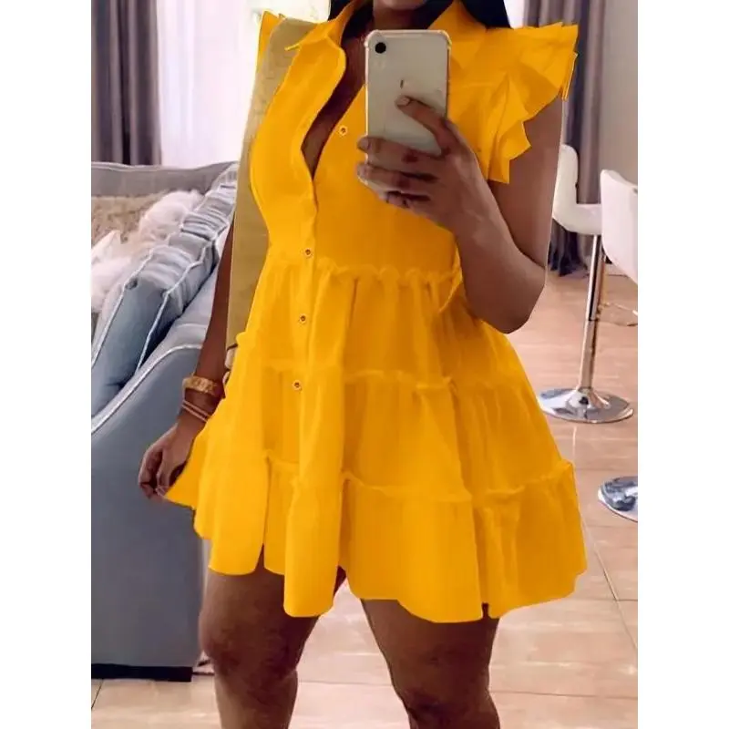 Women's Plain Layered Sleeve Button Front Frill Trim Short Casual Collared Smock Dress For Summer Daily Wear Women's Clothing