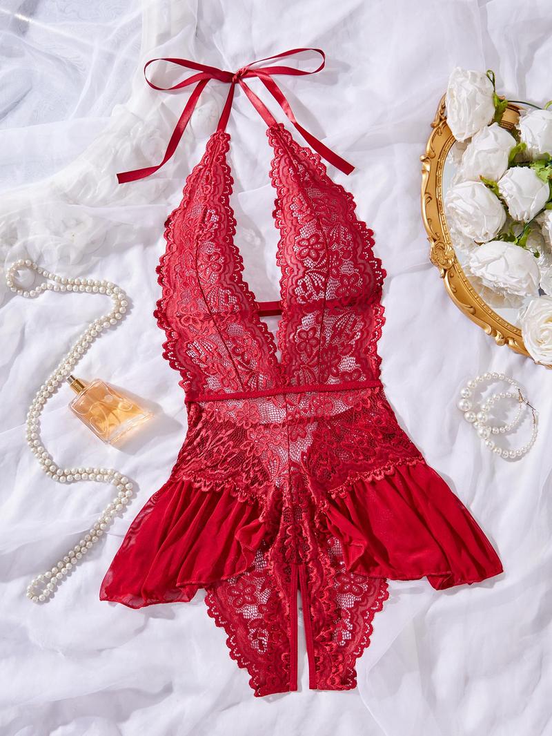 Romantic Valentine's Day Gift, Women's Sexy Lace Underwear, Deep V Neck, Smooth Fabric, Semi-Transparent, All Seasons Sleeveless, Lingerie Nightwear