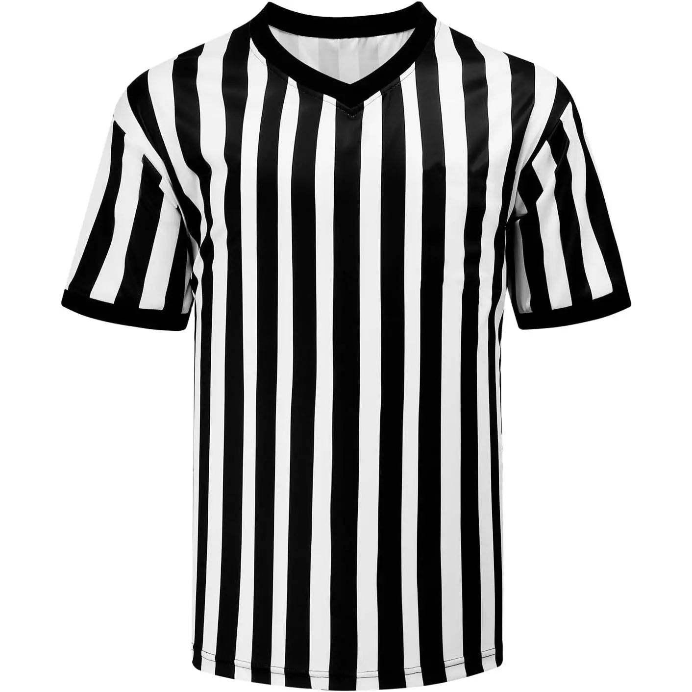 Unisex Pro-Style V-Neck Referee Shirt, Classic Vertical Black & White Stripe Cooling Polyester Umpire Jersey with Ribbed Cuffs for Volleyball, Football, Christmas Costume