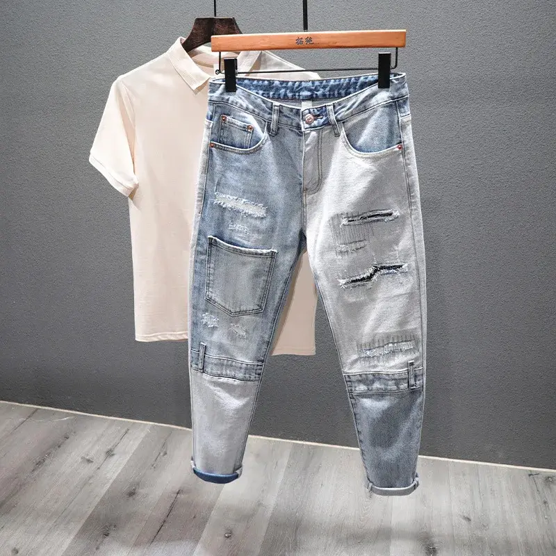 Men's Streetwear Designer Distressed Embellished Jeans - Personality Patchwork Pockets, Korean Stitching Details, Embroidered Back Patch, Hip Hop Bottoms, Distressed Men's Jeans, Embellished Men's Jeans