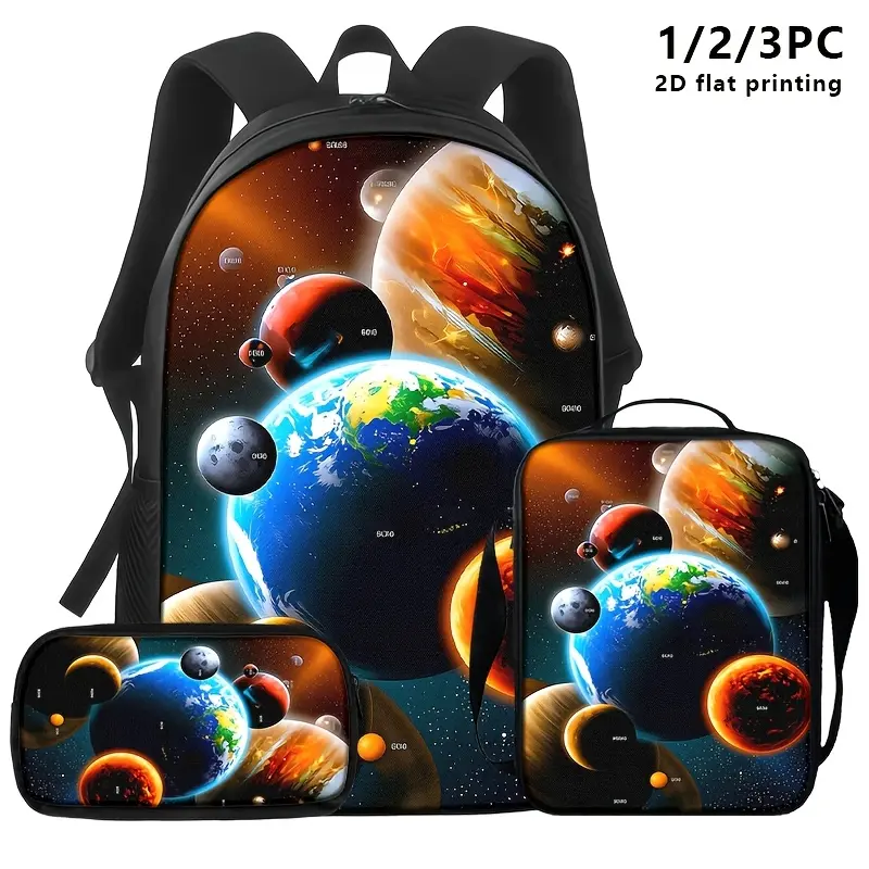3 In 1 Dark Starry Nebula Outer Space Background Vibrant Multicolor Solar System Planet Earth Jupiter Mars Moon Galaxy Backpack Set, Glowing Cosmic Astronomy Universe Planet Cluster Graphic Print Large Capacity School Bookbag with Insulated Thermal Lunch