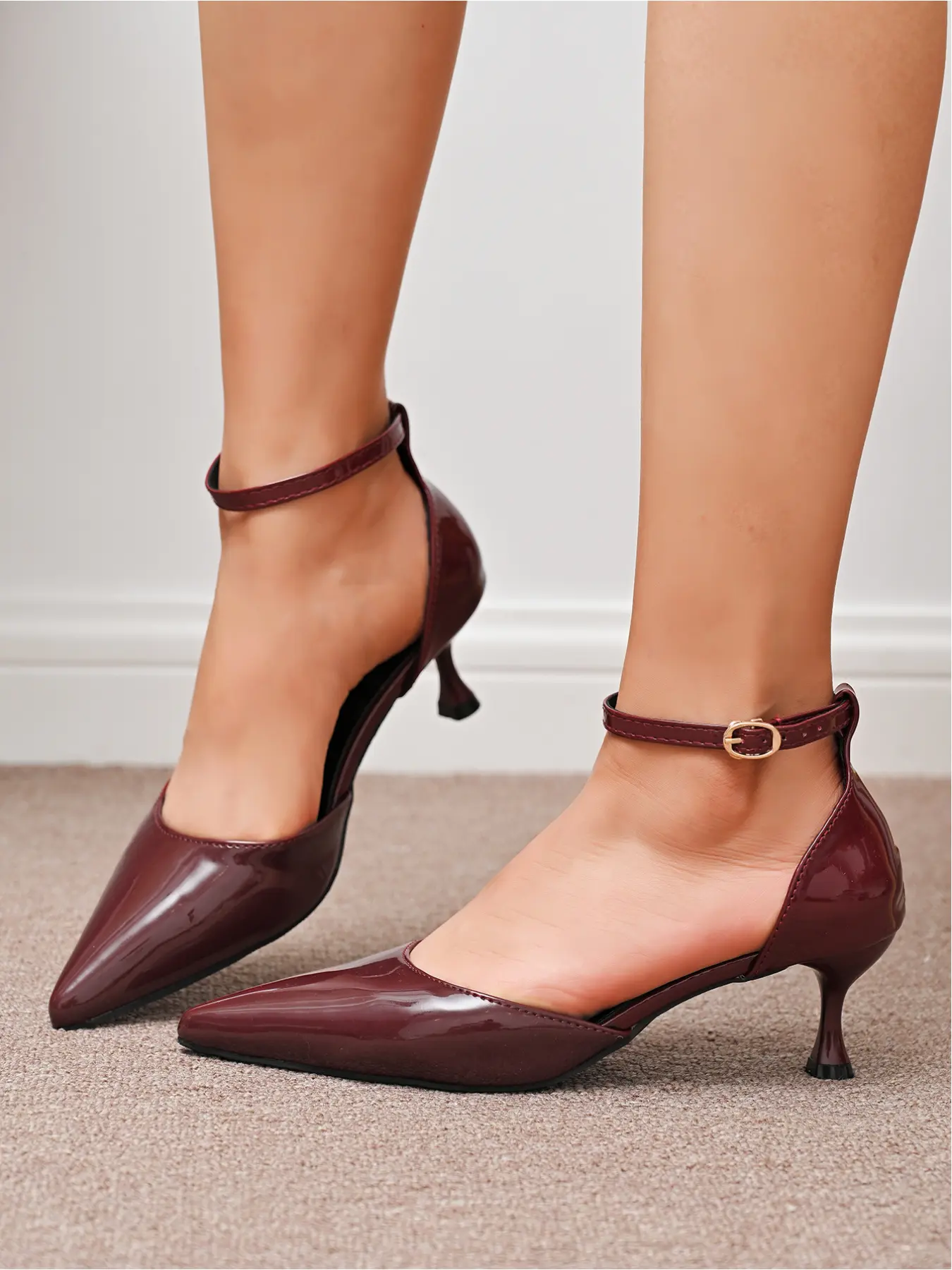 Women's new style side-cutout buckle ankle strap kitten heel high heels with wine glass heel and stiletto heel, suitable for weddings, brides, holiday parties, and everyday wear