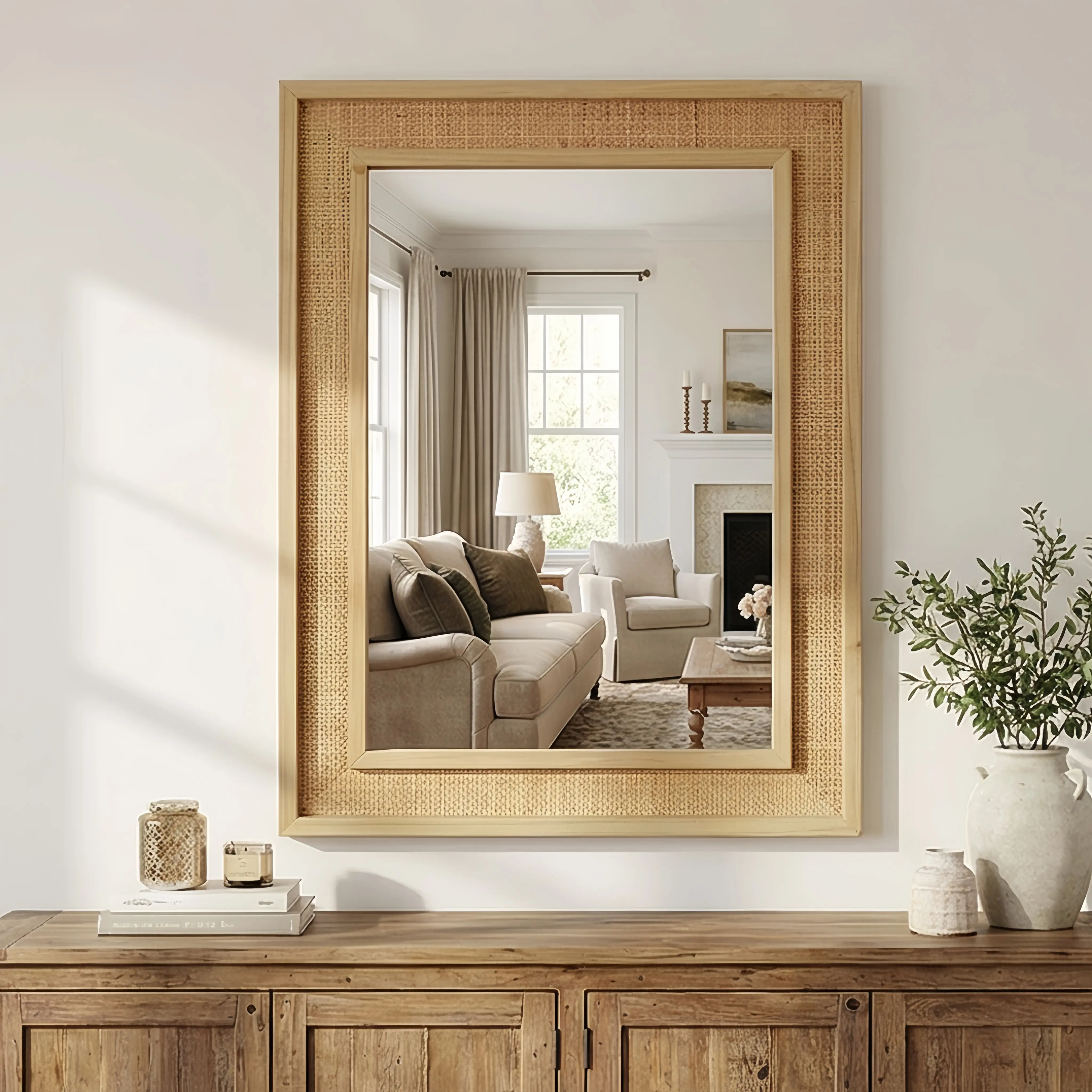 ARCH 24x36 Inch Natural Wood Rattan Wall Mirror, Solid Wood Frame, Farmhouse Bathroom Vanity Mirror, Decorative Hanging Mirror for Entryway Living Room Bedroom, Rustic Art Deco French Country Retro Style, Clear Tempered Glass, Easy Install