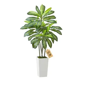 【DealsForYouDays】VEVOR Artificial Dracaena Tree 5 ft, Fake Palm Tropical Plants with White Tall Planter, Faux Floor Silk Plant in Pot, Large Trees for Home Office Living Room Decor House Warming, Indoor Outdoor