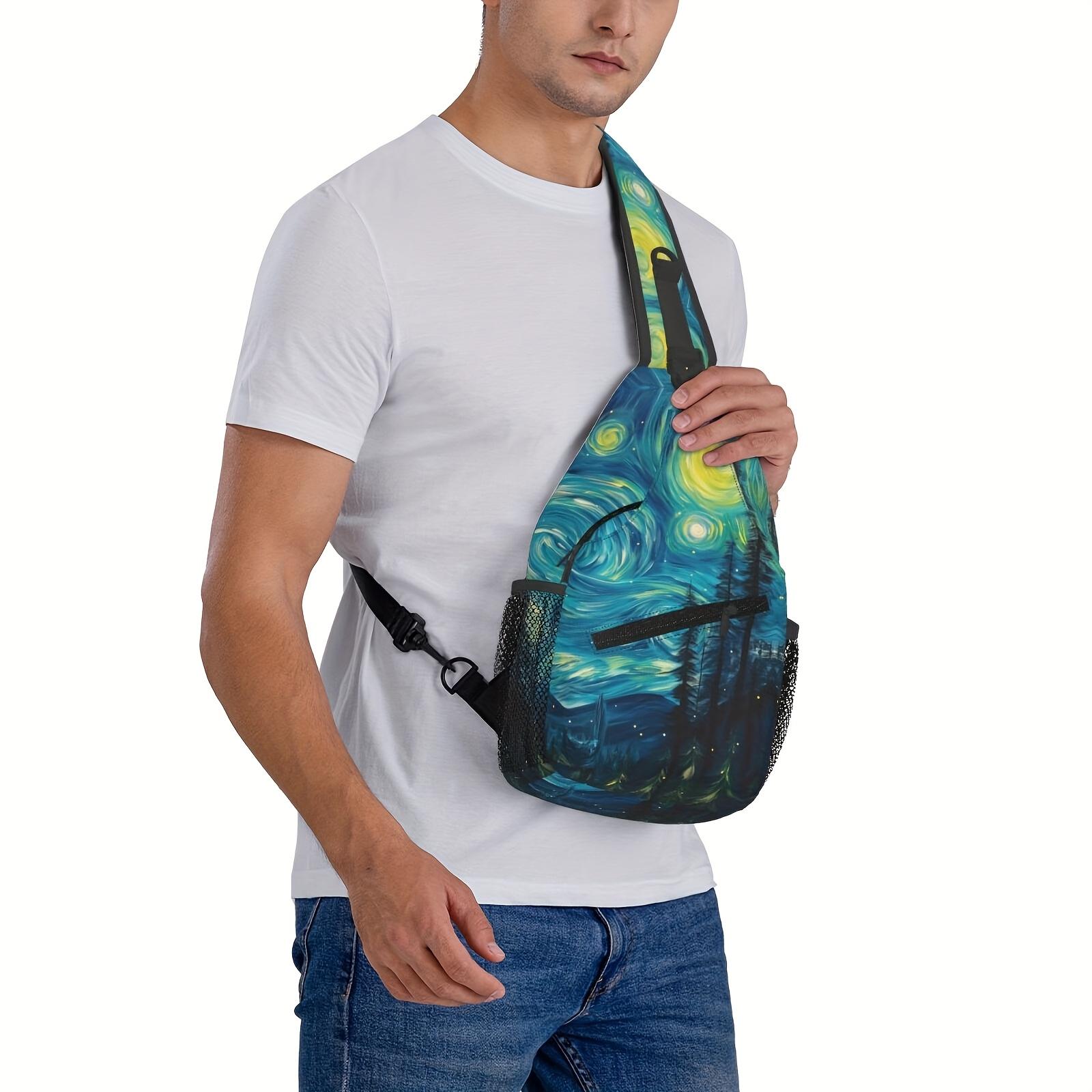 A Stylish  Spacious Crossbody Chest Bag Featuring an Abstract Design Inspired by a Starry Night  Forest, Perfect for Hiking, Shopping, Leisure Travel, Or As a Beach Bag.This Durable Backpack Is Also Suitable for Fishing  School and