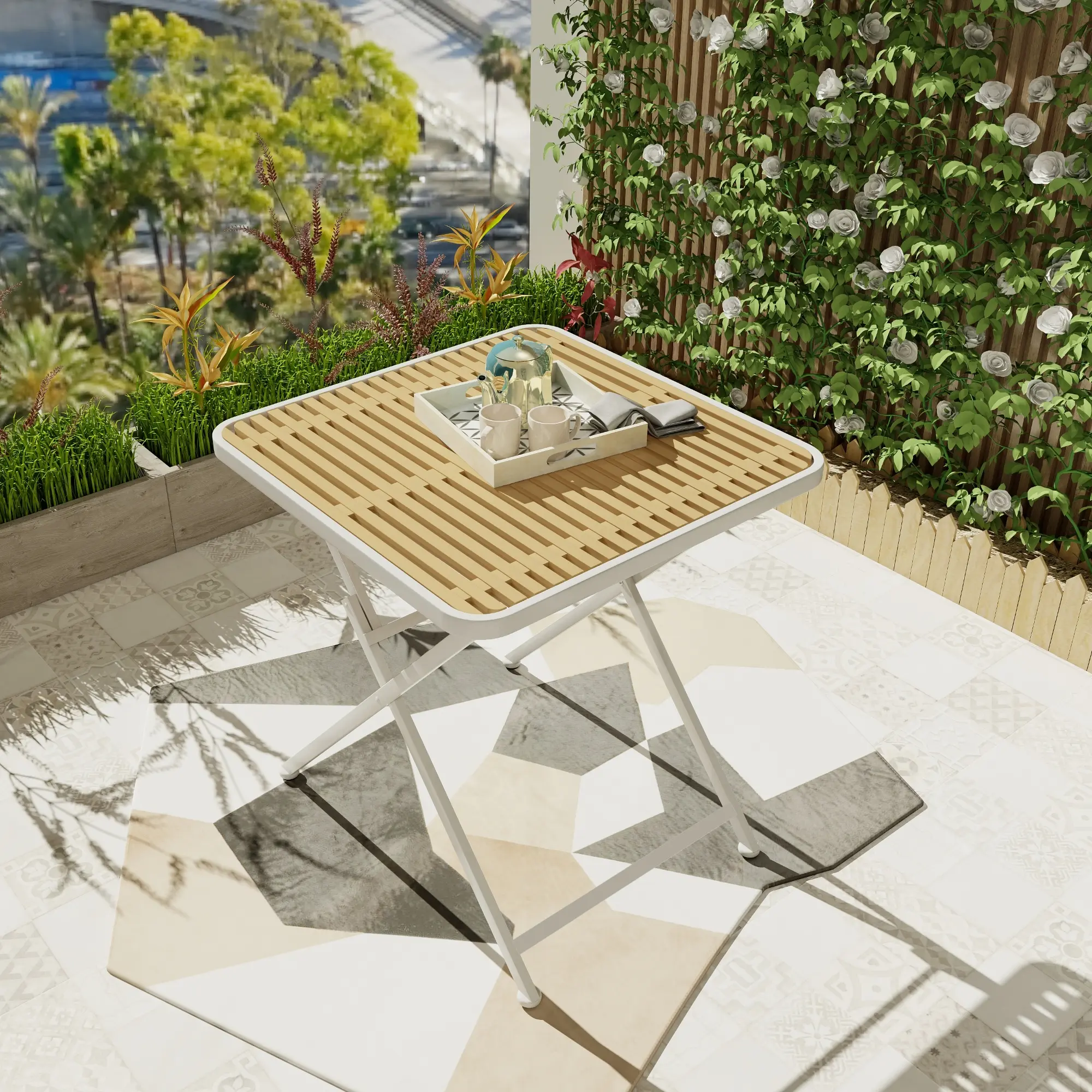 ARCH Modern Folding Square Table Indoor Outdoor Multi-Functional Dining Table, Polypropylene Tabletop with Powder-Coated Metal Legs, UV-Stabilized & Stain-Resistant, 27.56x27.56x29.33in, 220lbs Capacity, White/khaki Color Options, Metal/Polypropylene