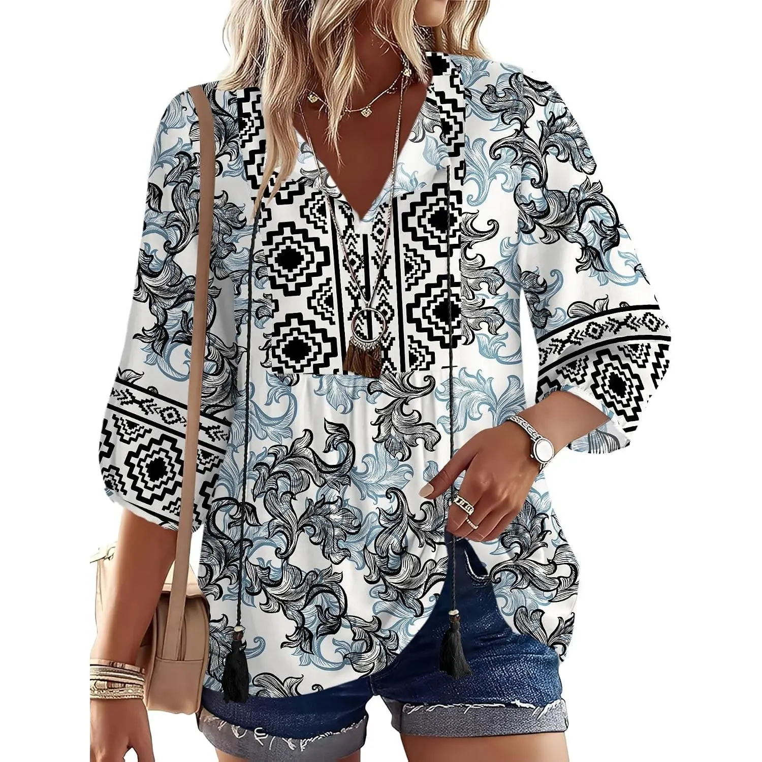Women's Summer Boho 3/4 Sleeve Pleated V Neck Tie Front Casual Spring Tunic Blouse Top(Gift)