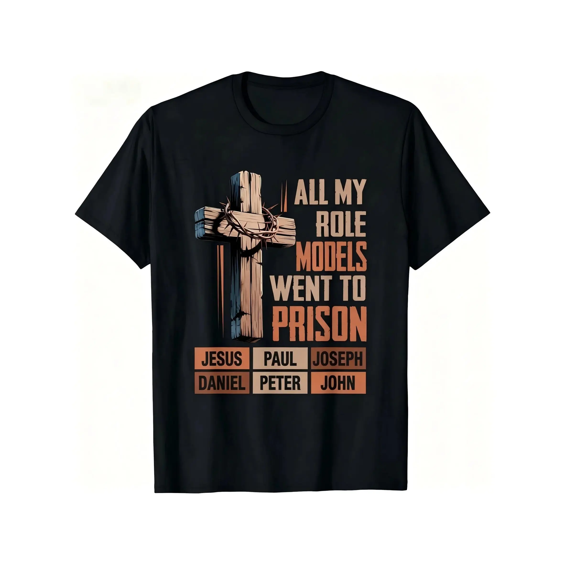 Unisex "All My Role Models Went To Prison" Bible Characters Cross Graphic T-Shirt for Men & Women - Vintage Christian Faith Tee, Soft Breathable Cotton Crew Neck Short Sleeve, All-Season Summer Spring Casual