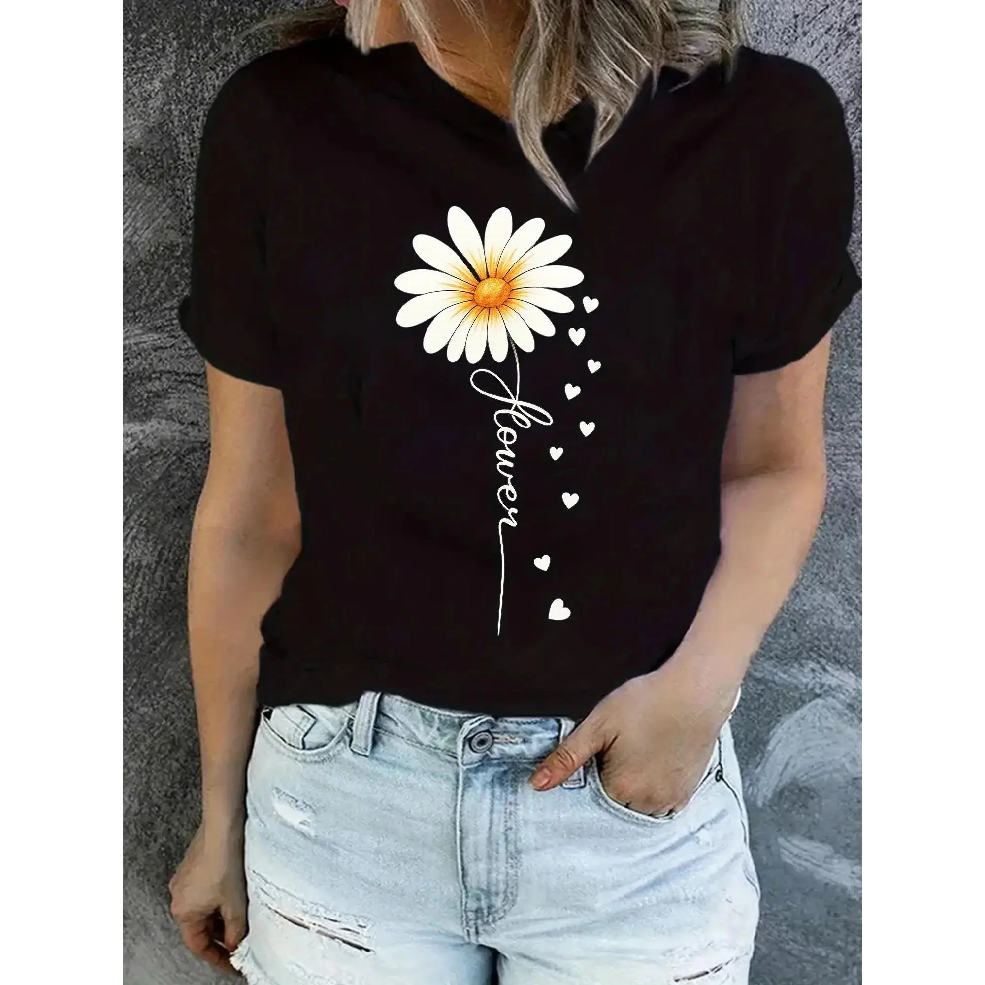 Women Casual Floral Print Top Round Neck, SpringSummer Fashion, Floral Print Blouse, White Daisy Floral Print, Nontransparent Fabric, Women'S Short Sleeve Round Neck
