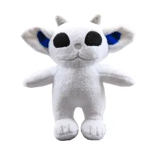 Cute White Alien Creature Plush Toy With Small Gray Goat Horns Big Fluffy Ears Blue Inner Ear Large Solid Black Embroidery Eyes Soft Fluffy Short Velvet Stuffed Doll Smiling Line Mouth Clawed Foot Pads Full PP Cotton Filling Gift For Teens Boys Girls Back