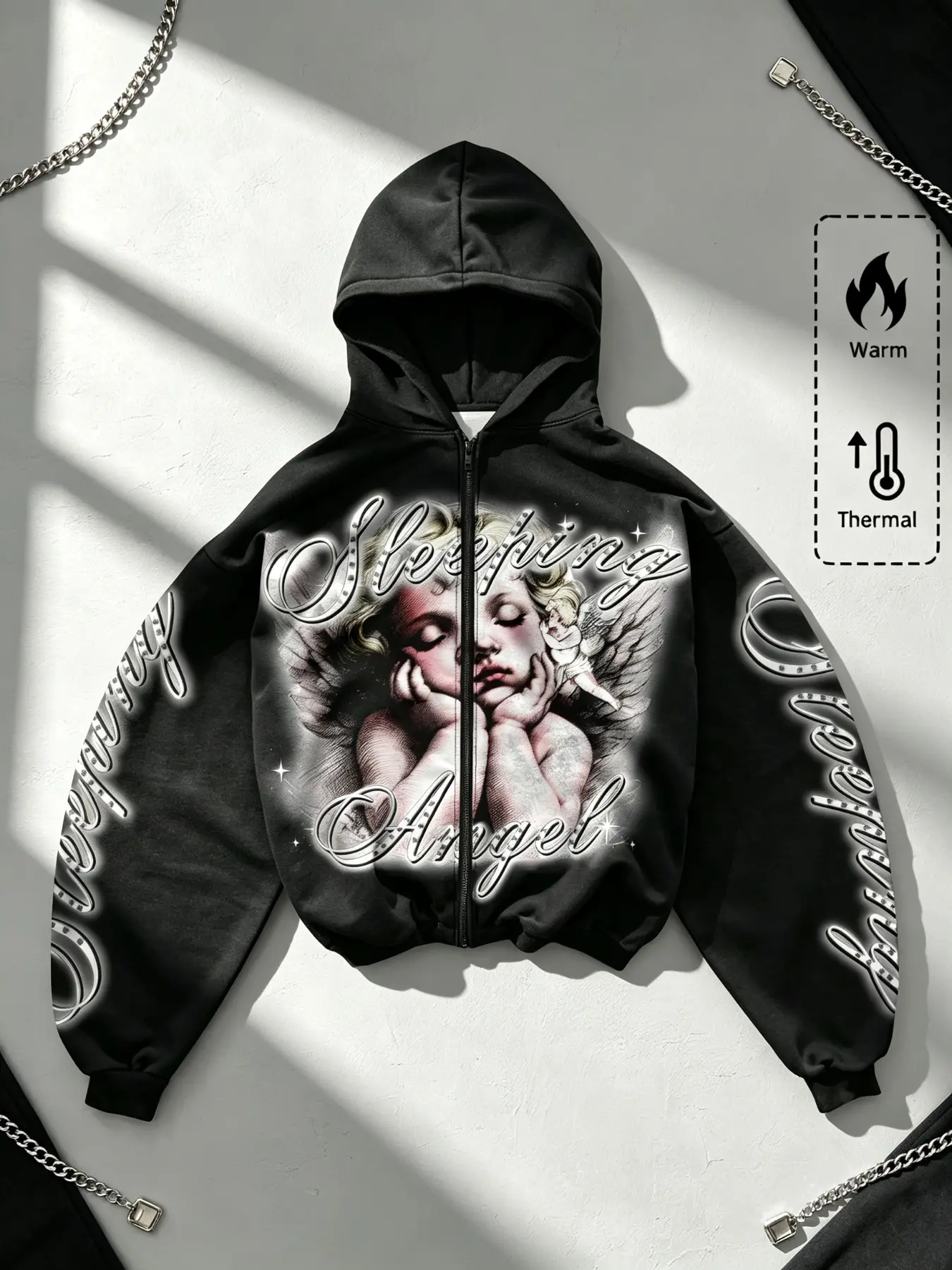 Men Cropped Zip Up Hoodie Jacket, Sleeping Angel Graphic Full-Zip Hooded Sweatshirt, Rhinestone-Style Print Sleeve Letter Design, Oversized Y2K Streetwear Cropped Hooded Coat, Aesthetic, boyfriend gifts, menswear clothing