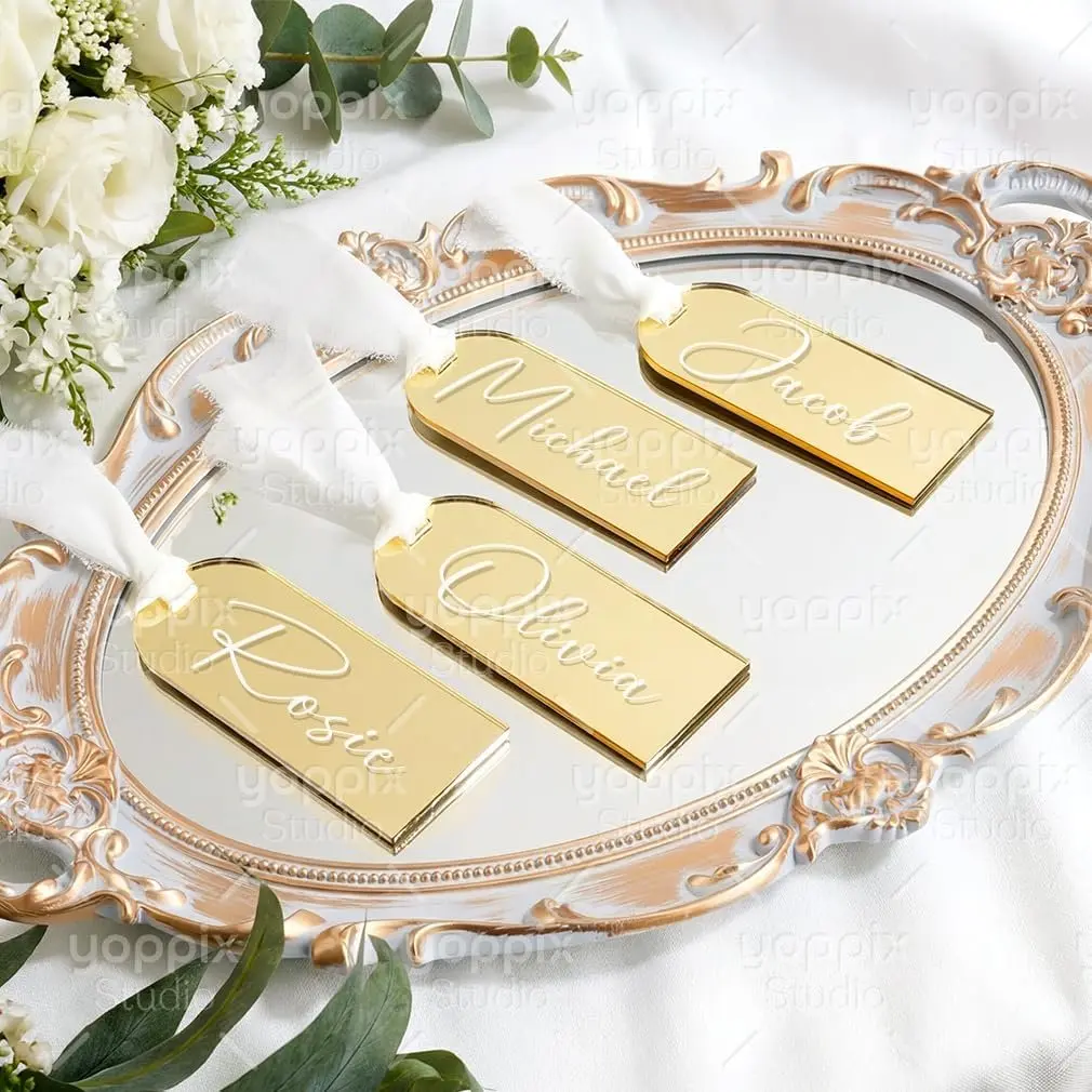 24 count Mirror   Place Card Set with Ribbon & Marker - 3.9x1.8 Inch Blank Wedding Seating Cards for Table Setting, Birthday Party, Anniversary & Event Decor
