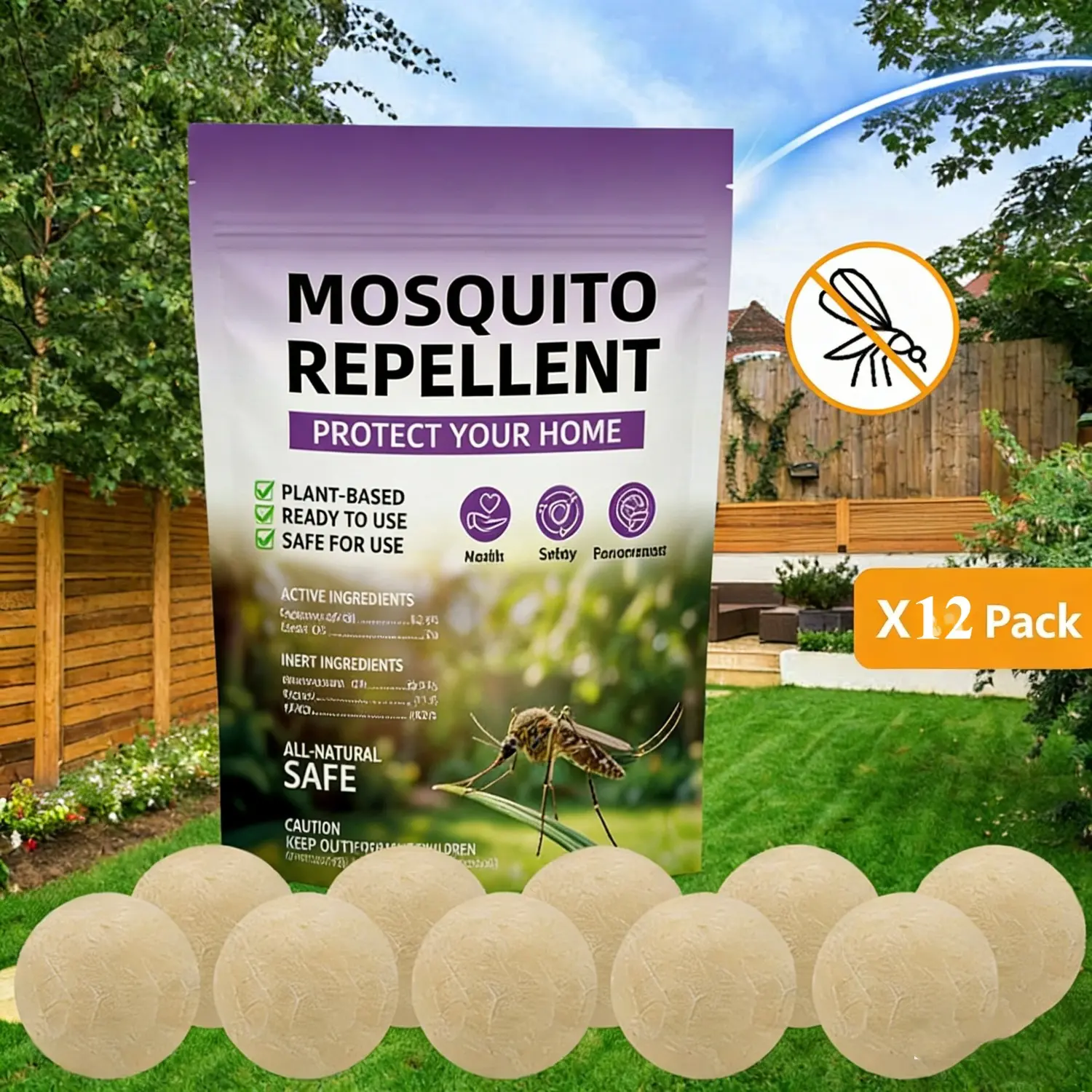 12pcs Natural Mosquito Repellent Paper Balls – Long-lasting 60-day Protection for Patio, Camping, Home & Garden, Peppermint & Citronella Essential Oil Formula, Slow-release Technology, Chemical-free Safe for Kids & Pets, Effective Outdoor/indoor Use