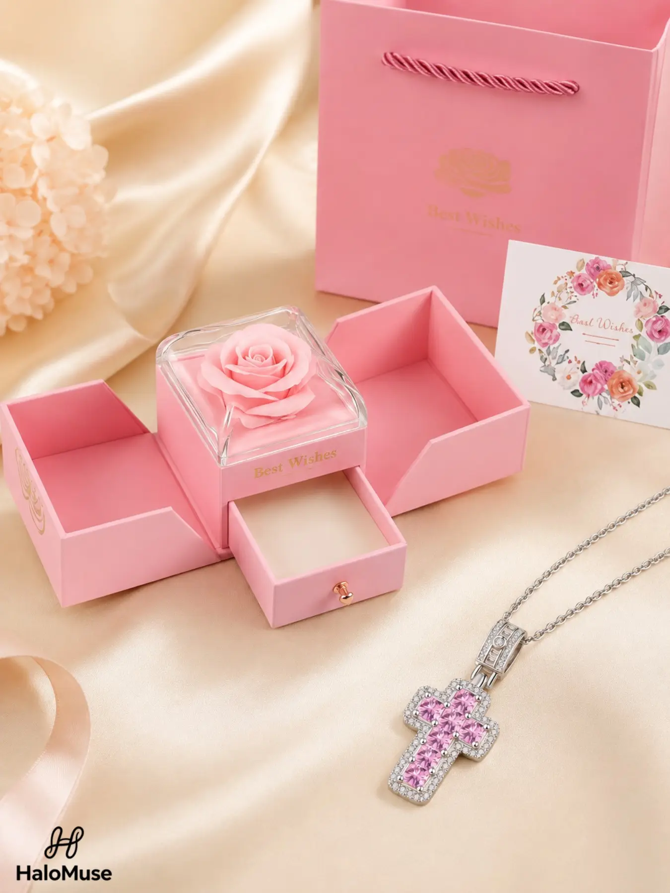 Halo Muse 1 Set Pink Diamond Cross Necklace Gift Set, Elegantly Sparkling Silver-Tone Rhinestone Cross Pendant with Pink Rose Gift Box & Card, Birthday Anniversary Valentine Christmas Gift for Women