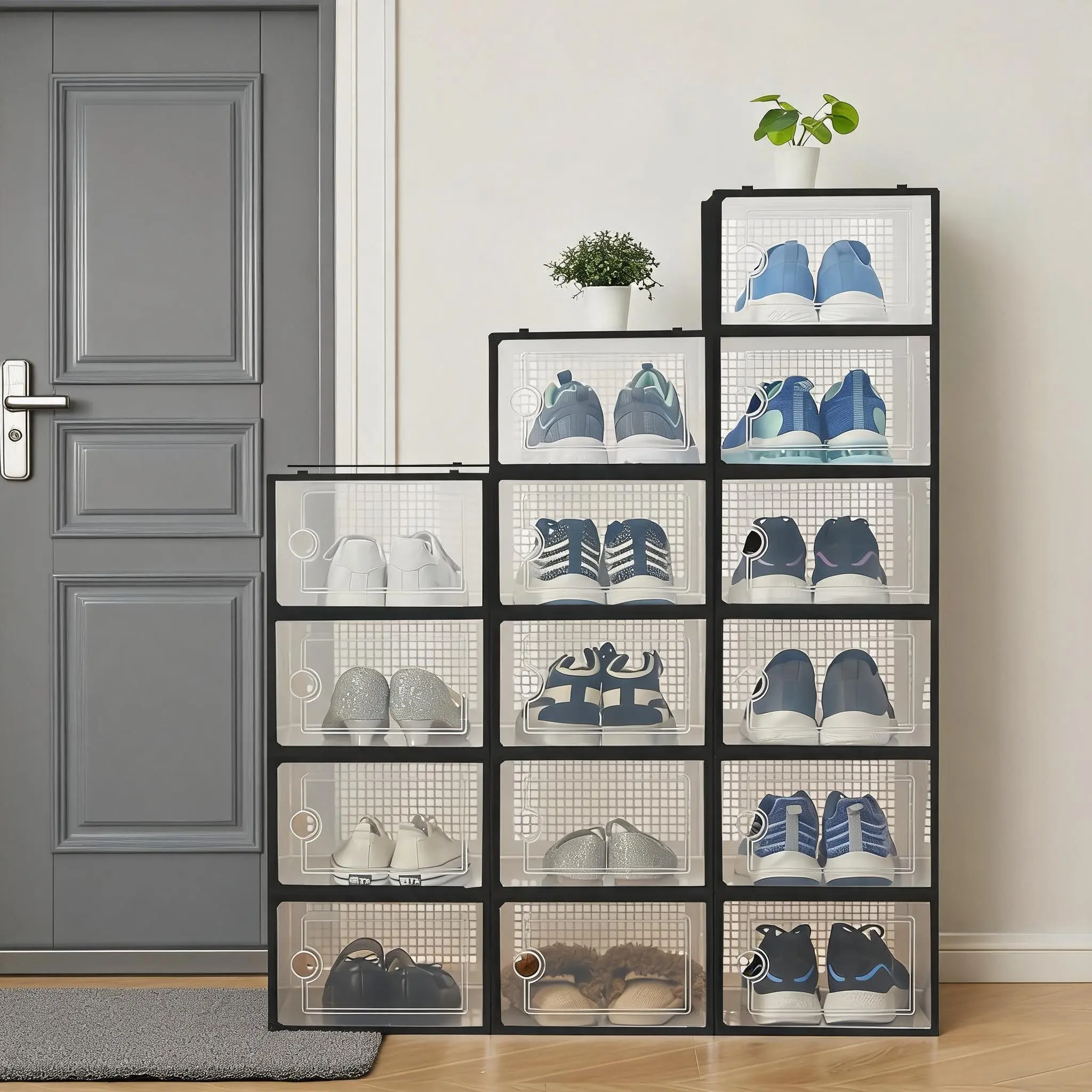 Clear Collapsible Shoe Storage Boxes - Stackable Transparent Organizer Bins for Closet, Home, and Shoes - Space-Saving, Durable Plastic Storage Solution, 12-Pack