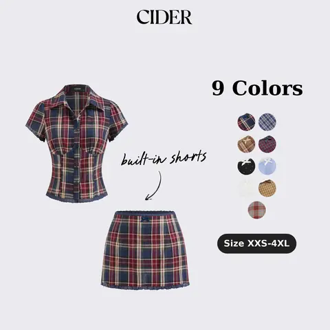 Cider Cotton Plaid Collar Short Sleeve Blouse & Mid Rise Lace Trim Bowknot Mini Skirt Set