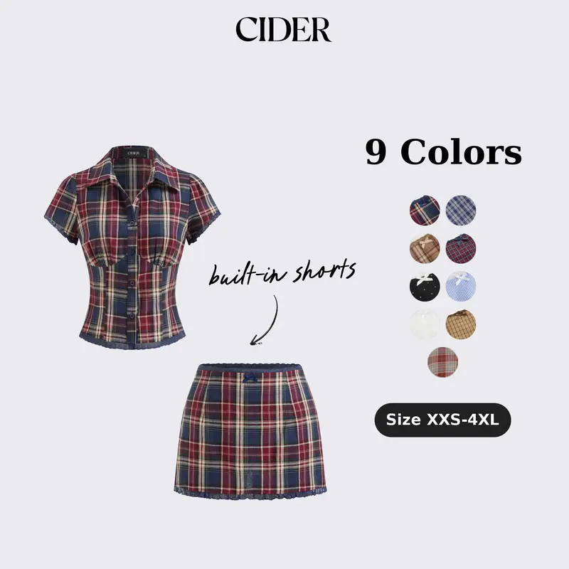 Cider Cotton Plaid Collar Short Sleeve Blouse & Mid Rise Lace Trim Bowknot Mini Skirt Set