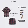Cider Cotton Plaid Collar Short Sleeve Blouse & Mid Rise Lace Trim Bowknot Mini Skirt Set