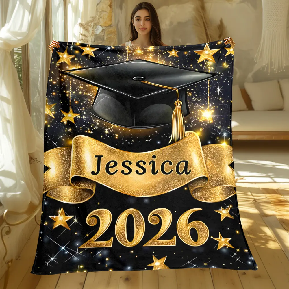 Personalized,Customized photo graduation blanket with 2026 graduation cap theme, portable and lightweight sofa blanket, suitable for travel, camping, beds, living rooms, offices, and other settings, made of soft and warm digital-printed,Double-sided,Plush