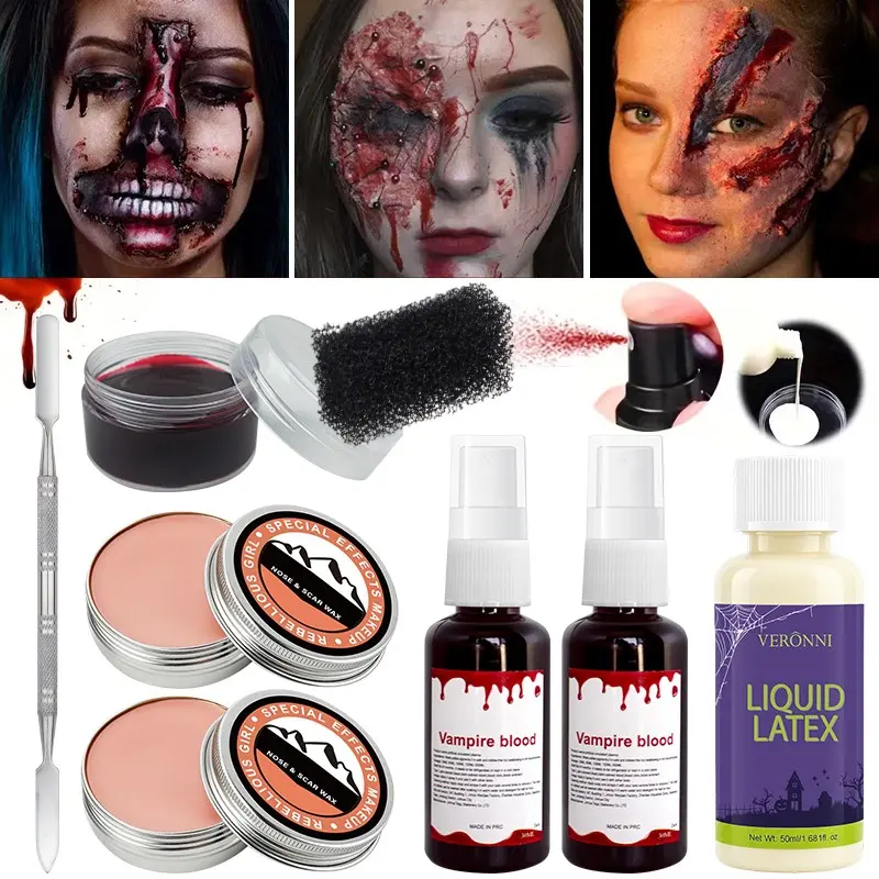 8-Piece Sfx Special Effects Makeup Kit with Flesh Wax, Fake Blood, Plasma Spray, Liquid Latex, Makeup Sponges, and Sculpting Tools for Realistic Wounds and Scars, Perfect for Halloween Cosplay and Themed Parties, Easy Removable Special Effects Makeup Kit