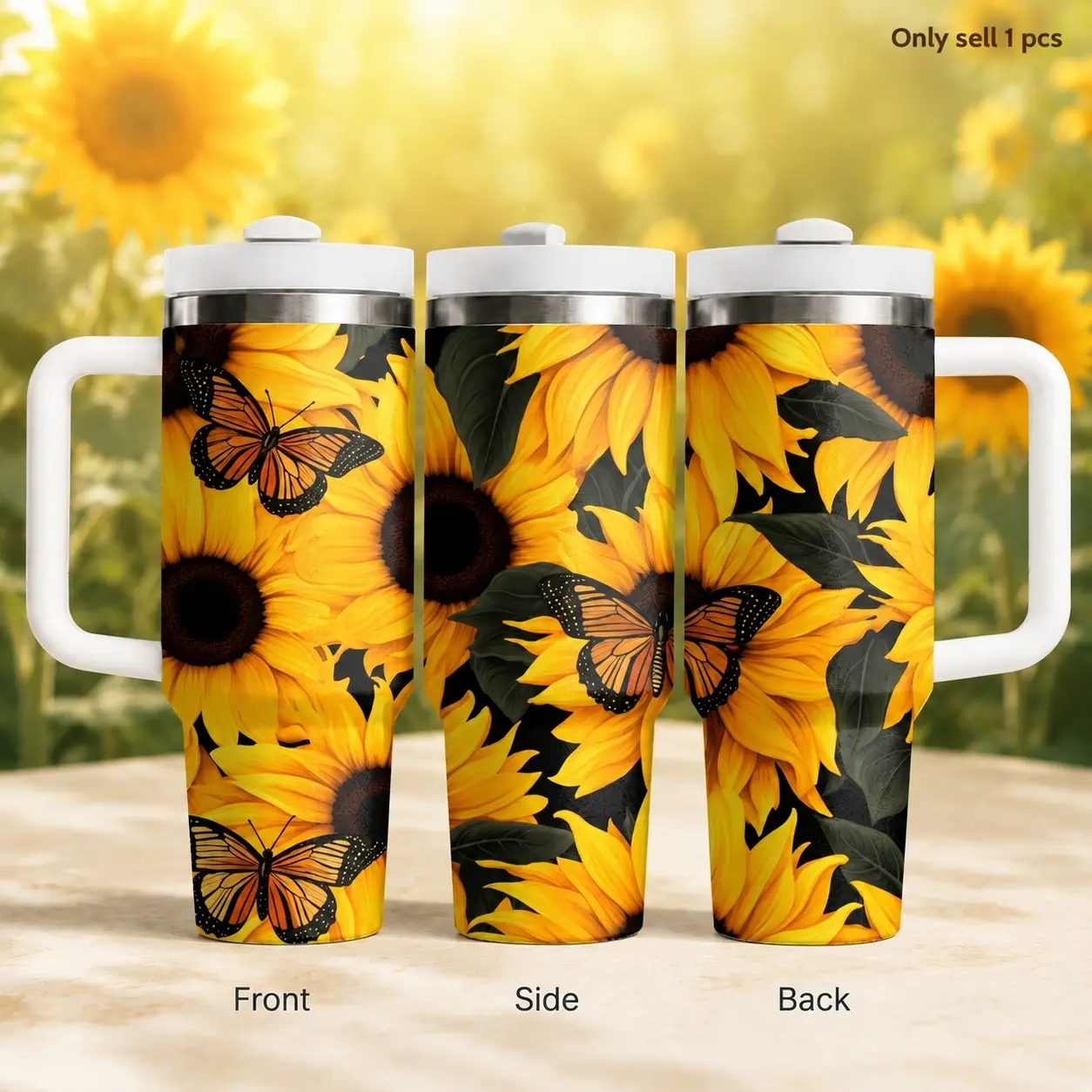 Butterfly Sunflower Bloom 40oz Insulated Tumbler, Aesthetic Stainless Steel Travel Cup with Handle and Straw, Cute Drink Holder for Women Girls, Perfect for Coffee, Beach Days, Camping and Birthday Gift