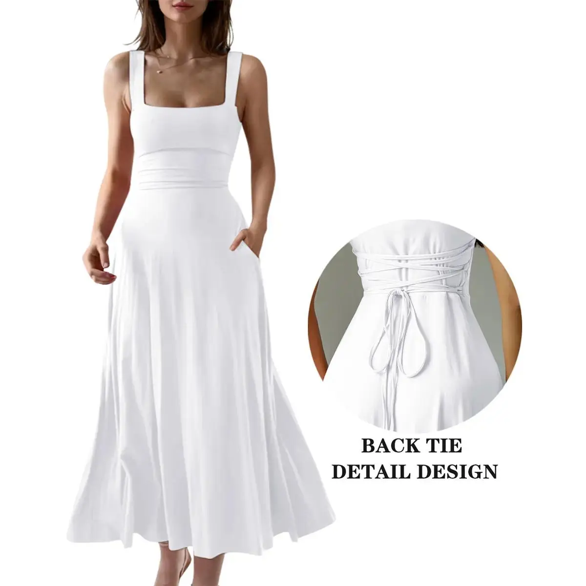 Womens Casual Sleeveless Square Neck A Line Solid Slim Flowy Long Party Dress with Pockets Back Tie Detail Cocktail Evening Event Formal Wedding Guest Occasion Gown