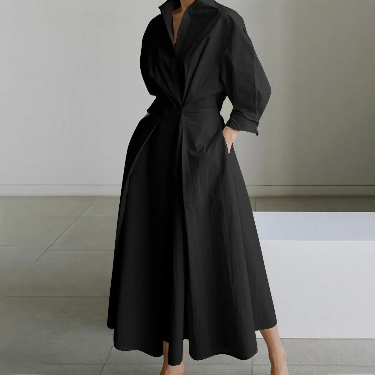Women's Versatile Solid Collared Button Longsleeve Dress - Spring Style, Minimalist Loose-Fit Mid-Length, Elegant Small Waist Piece for Formal, Casual Commuting & Going Out Wear, Spring Fashion, Waist Design, Simple, Basic, Essential, Casual Wear