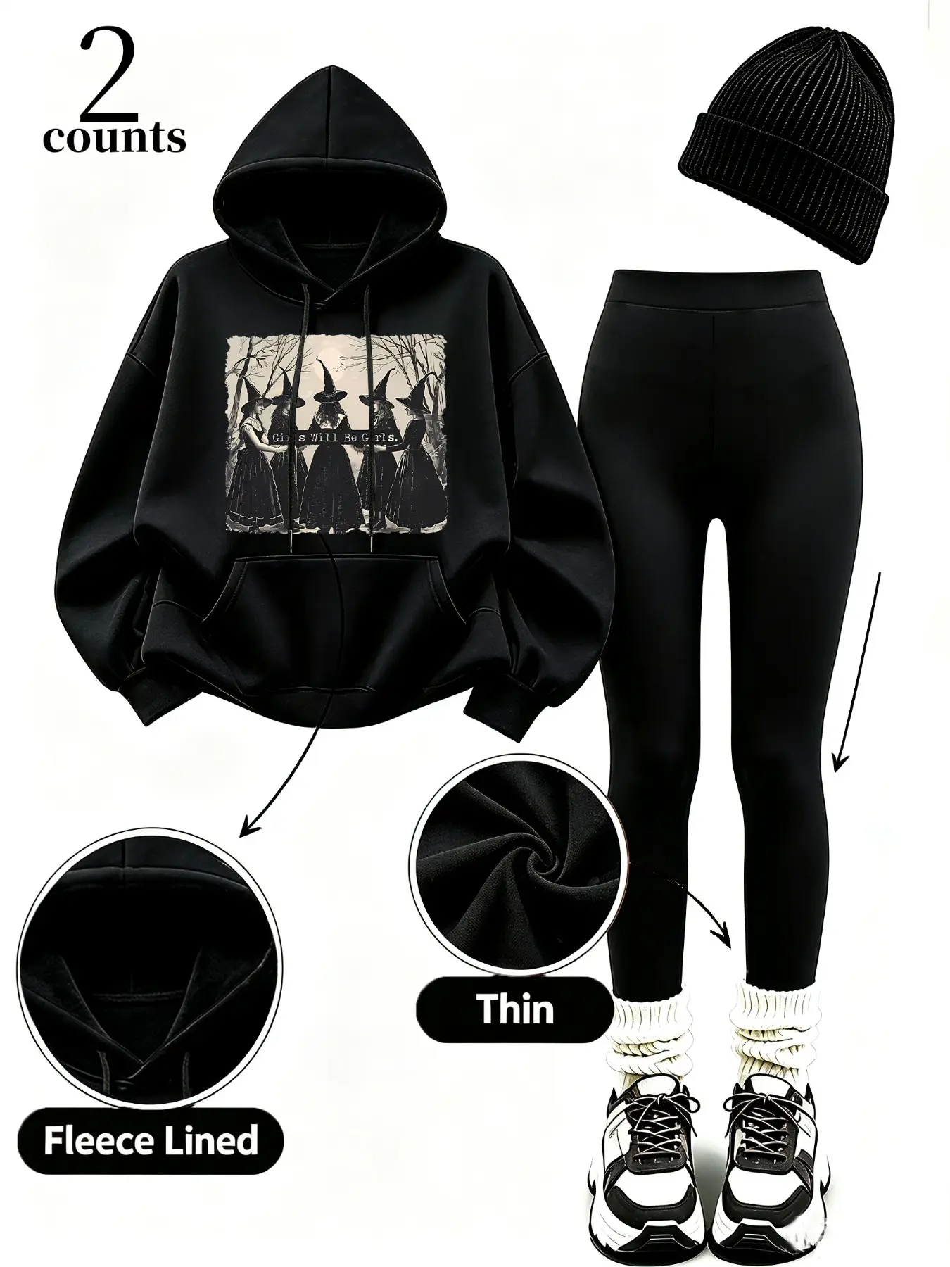 Women Trending Fit-Check 2-Piece Tracksuit, Vintage Witch Graphic Fleece Hoodie, Elastic High Waist Leggings, Casual Warm Winter Set