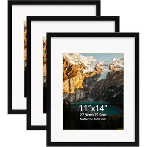 11x14 Picture Frame Black Set of 3, Display 8x10 Picture with Mat or 11x14 without Mat for Wall or Tabletop Display, Black