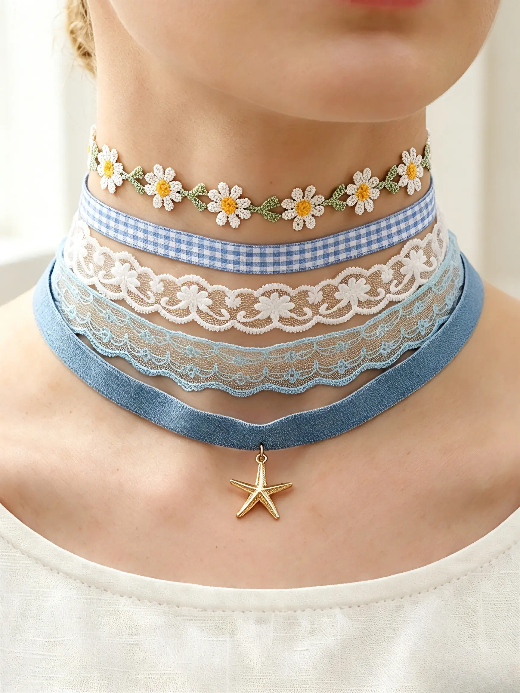Summer Beach Vacation 5-Piece Detachable Choker Set, Lace Flower Plaid Denim Star Pendant Necklace, Floral Embroidery Lockbone Chain