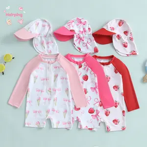 Baby Girl Rash Guard Swimsuit Set, Long Sleeve UPF 50+ Sun Protection  Swimwear with Matching Hat, Cute Strawberry & Bow Print Bathing Suit for Beach & Pool