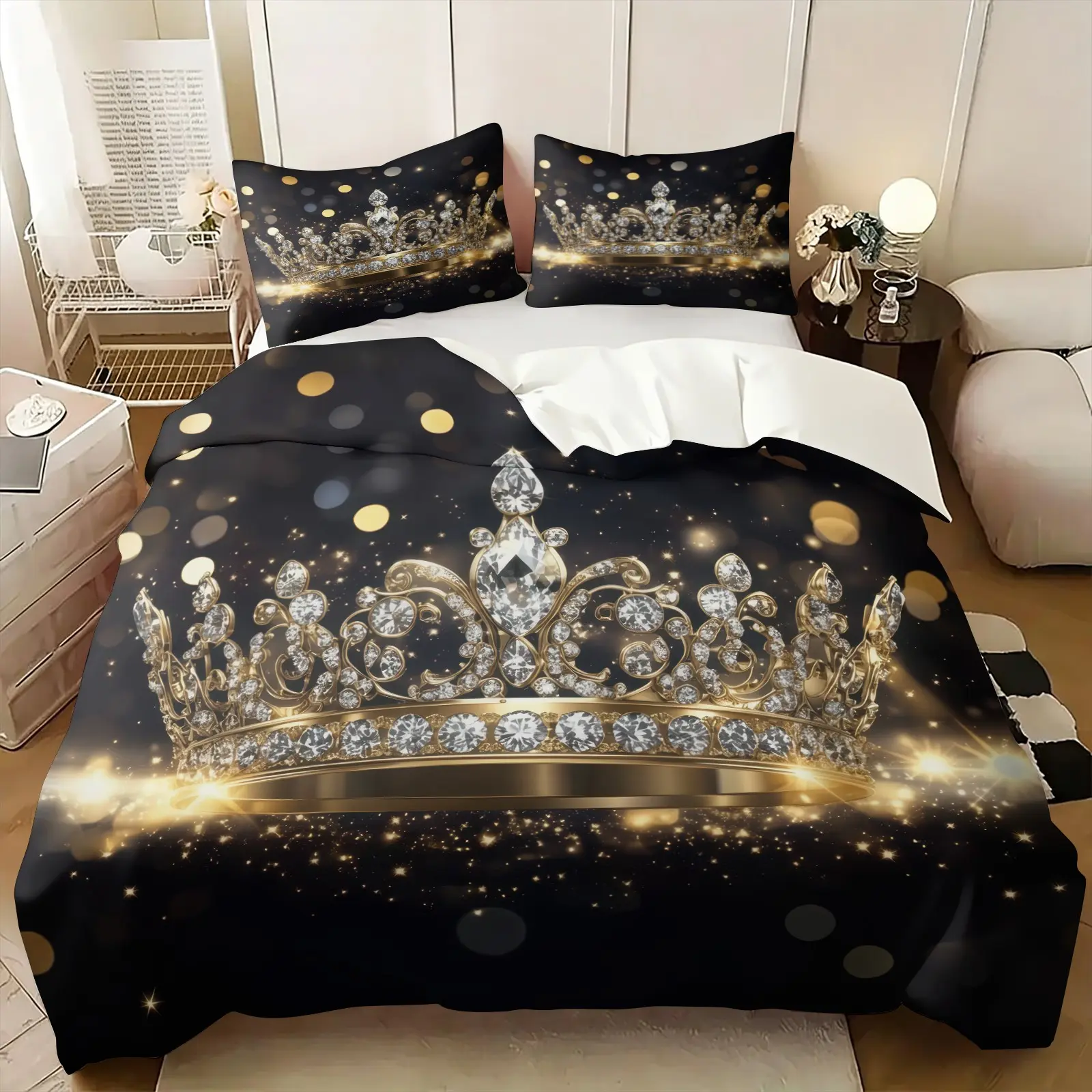 Diamond Queen Crown Print Duvet Cover Set, Gorgeous Golden Light Spots & Glitter Print, 1 Duvet Cover and 1-2 Pillowcases, Soft & Cozy Bedding, Elegant European Luxury Style, Noble Bedroom Decor, Girls Dorm