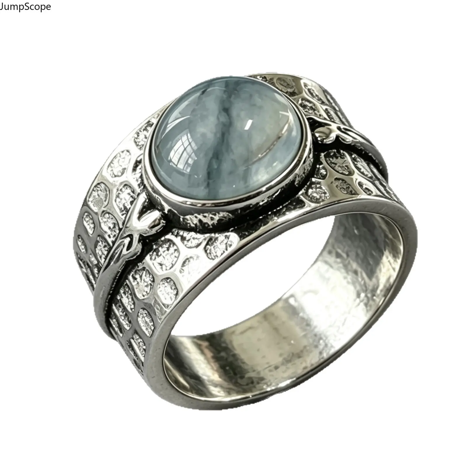 Hammered Wide Band Veined Misty Aquamarine Leaf Accent Statement Ring, Antiqued Oxidized Silver Plated Copper Western Boho Runway Jewelry for Women Nature Daily & Festival Wear