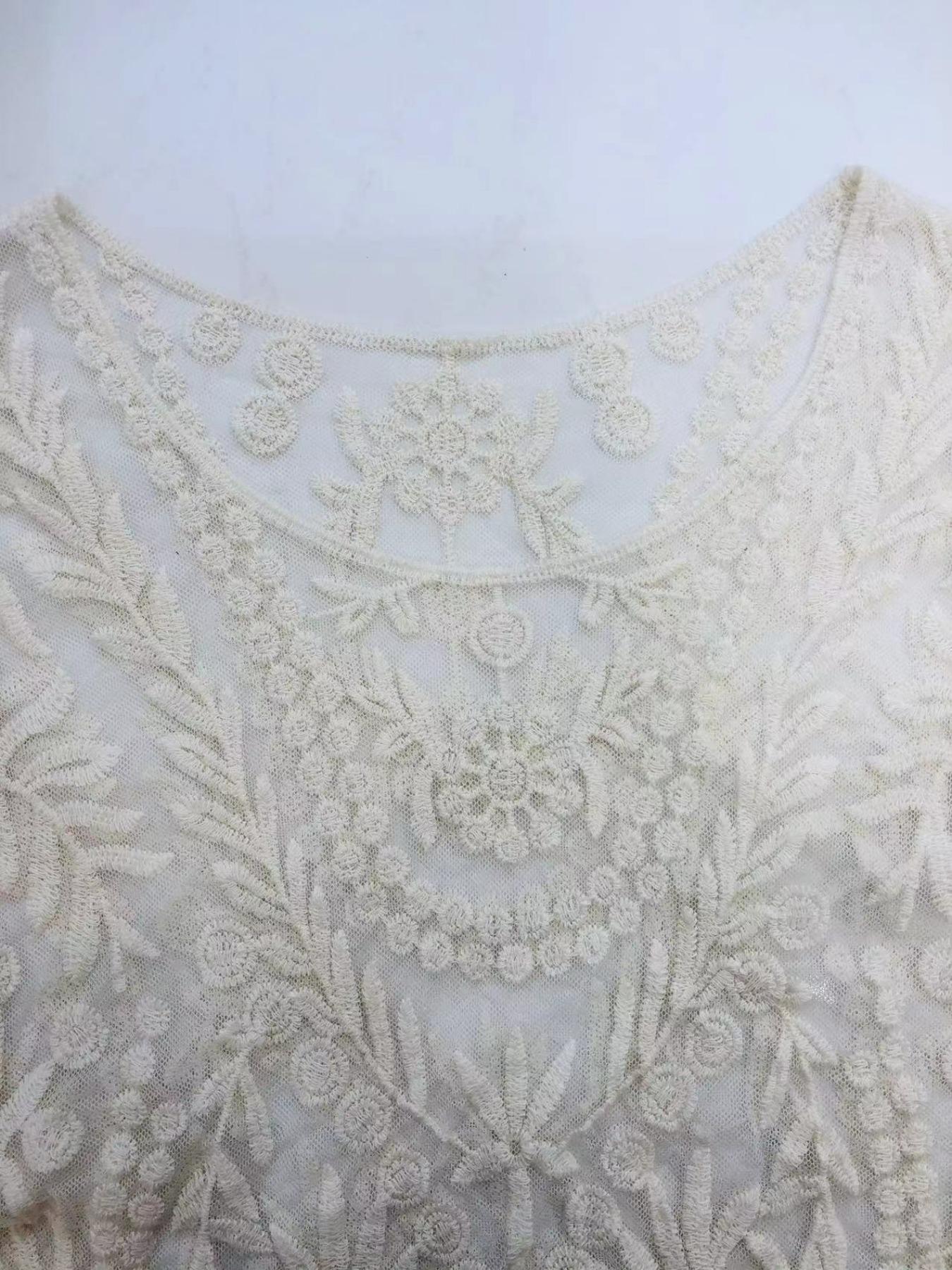 Women's Floral Embroidery Sheer Mesh Crop Cover Up Top without Bra, Chic Boho Scallop Trim Flounce Sleeve Scoop Neck Lace Cover Up Top for Beach Holiday Vacation, Ladies Summer Clothes