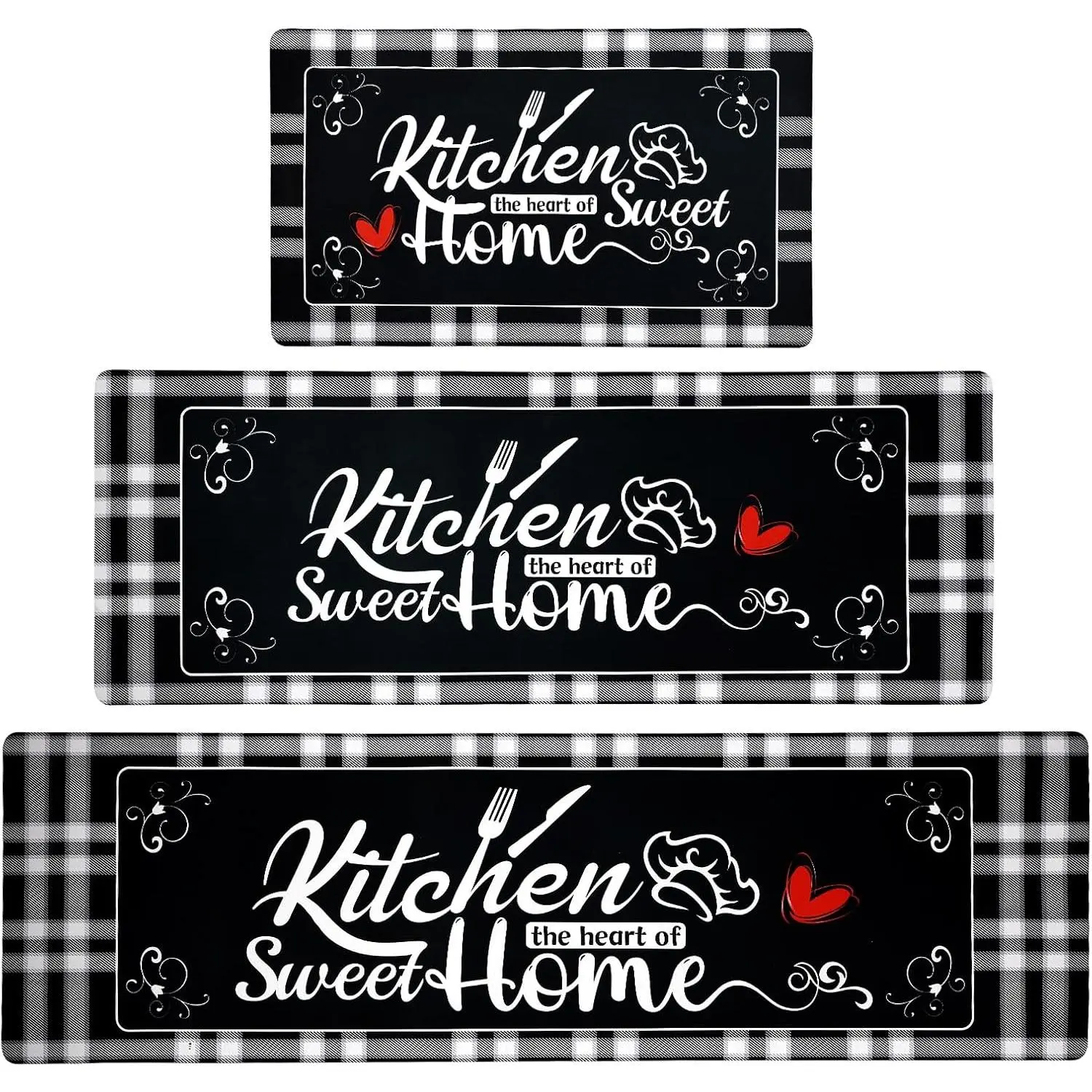 Kitchen Runner Rugs of 3, Non Slip Cushioned Kitchen Mat for Floor  Comfort Mats  Chef Mats Floor Carpet (Black, 17‘’*30‘’+17‘’*”+17'*59", )