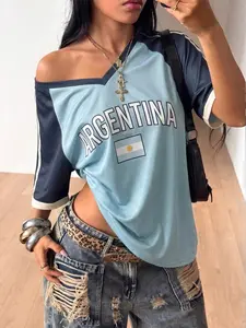 Vintage Argentina Team Theme Mesh Top, Light Blue Navy Colorblock Loose Fit V Neck Y2K Style Sport T-Shirt, All over Print Jersey