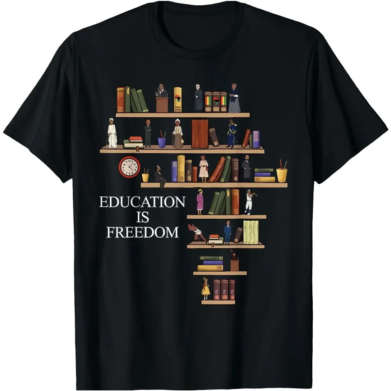 Unisex Ribbed Classic Knit Sports T-Shirt - Soft Fabric, Smooth, Seamless, Elastic Short Sleeve Solid Top with Education Is Freedom Bookshelf, Historical Black Leaders Silhouette Graphic - African American Intellectual Empowerment Gift for Book Lovers, Al