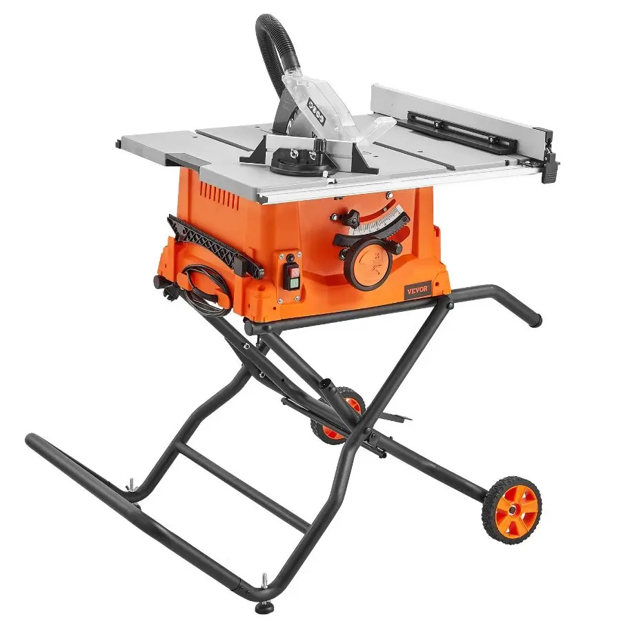 VEVOR Table Saw with Stand, 10-inch 15-Amp, Max Rip 25-in, Speed to 5000RPM, 40T Blade, Compact Portable Jobsite Saw with Sliding Miter for Wood Furniture Crafting