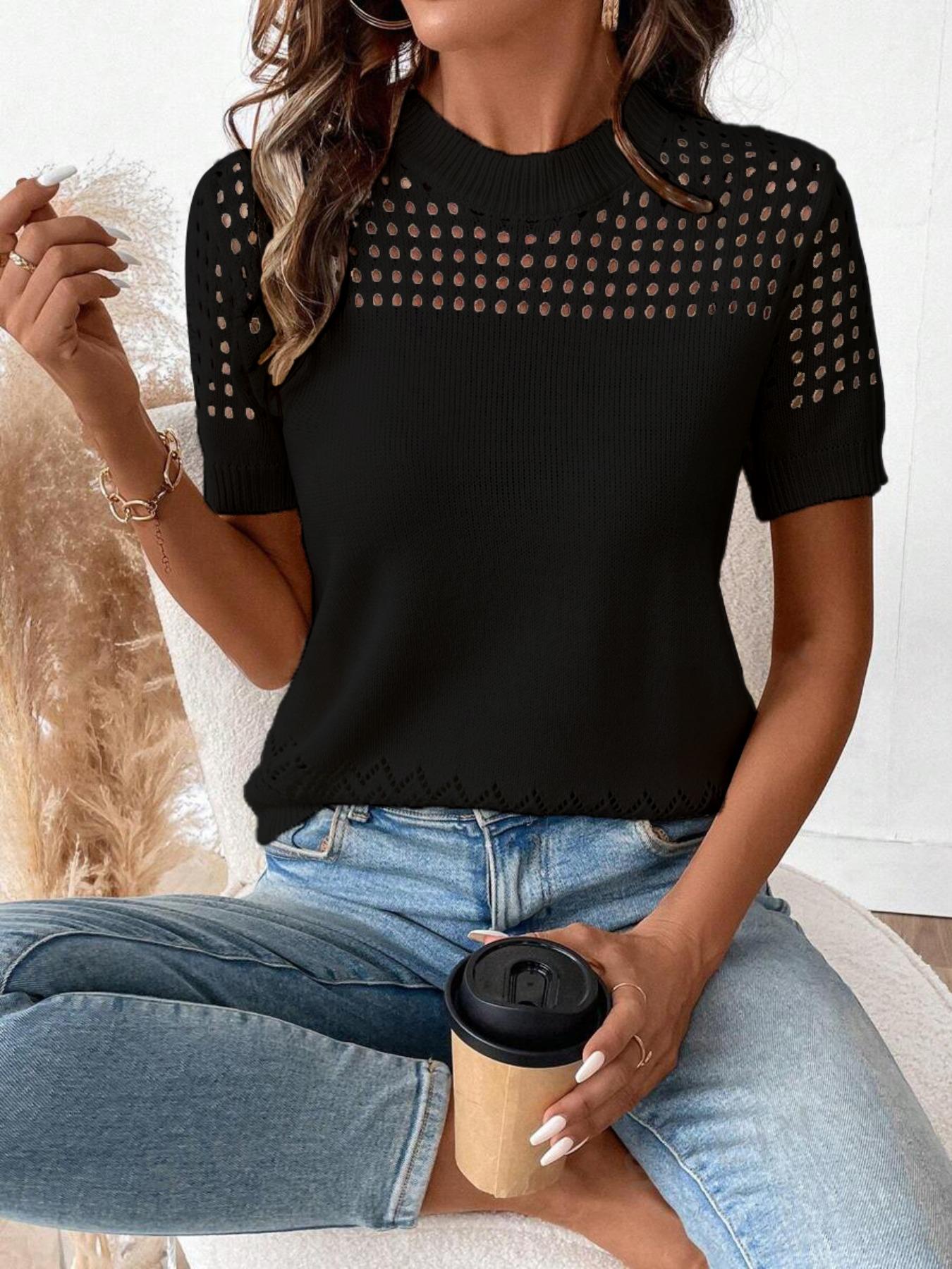 Women's Plain Hollow Out Crew Neck Fitted Sweater, Casual Short Sleeve Jumper for Summer, Fashion Women's Knitwear for Daily Wear Womenswear