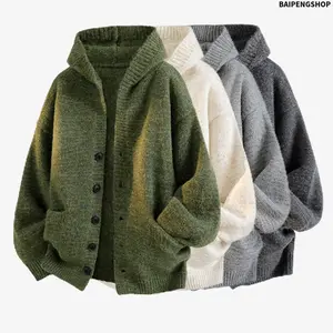 Men's Hooded Dual Pockets Knit Cardigan, Ribbed Detail Deep Versatile Color Casual Open Front Knit Outerwear, Soft Warm Multi Color Options Fall Winter Menswear Coat, Stylish Comfortable Versatile Mens Knit Clothing, Ideal for Daily Wear, Streetwear & Out
