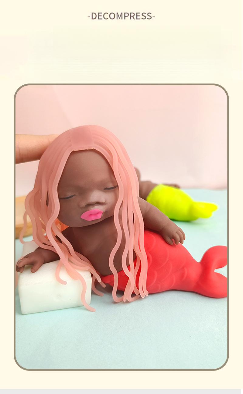 "Ugly-Cute" Long-Haired Mermaid Princess Stress Relief Toy - Black Soft-Gel Squeezable Palm-Sized Doll