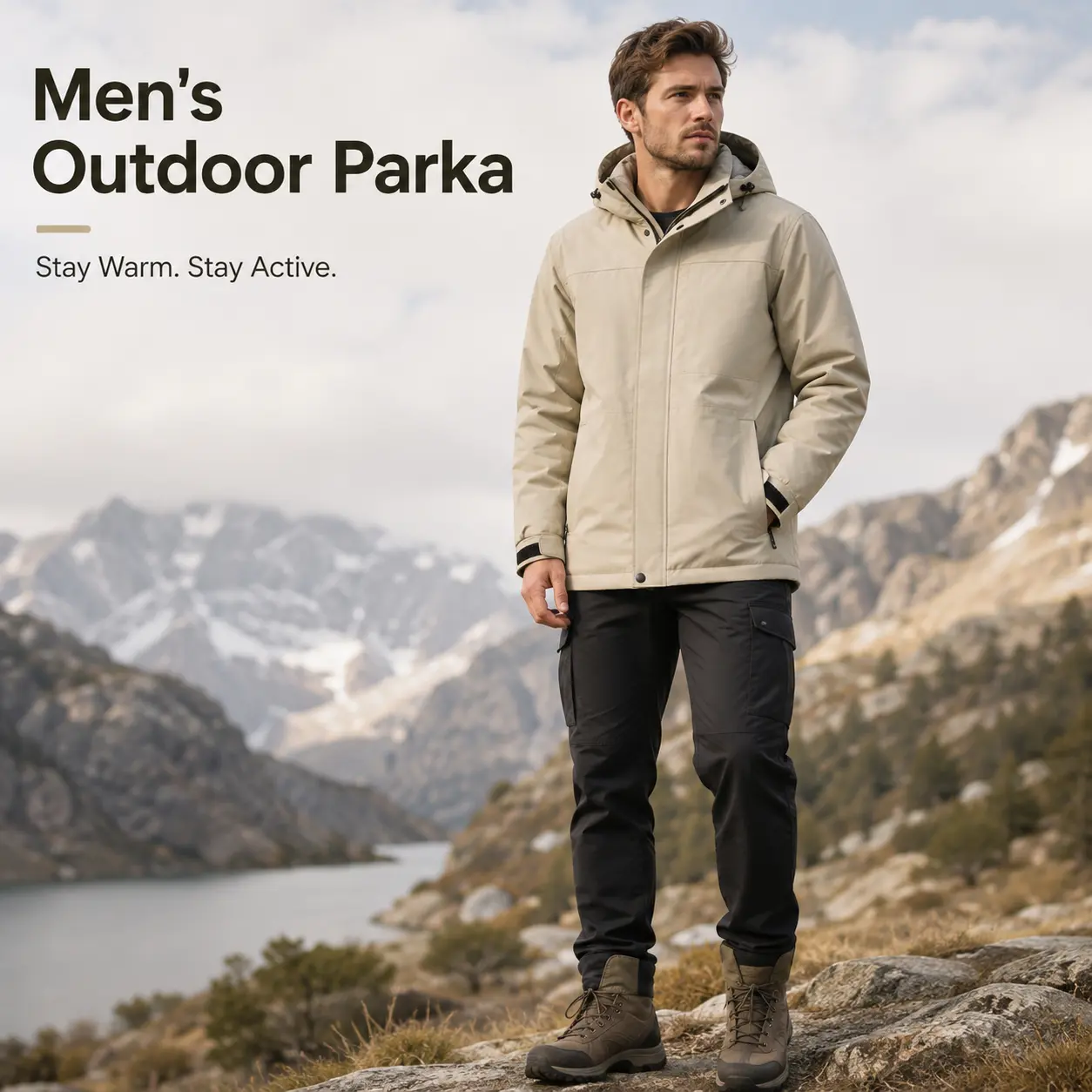 Men's Waterproof Winter Jacket Hooded Outdoor Parka for Men, Windproof Insulated Coat with Warm Lining, Water-Resistant Hiking Camping Travel Jacket, Adjustable Cuffs, Multi-Pocket Cold Weather Workwear for Fall Winter Outdoor Adventure Gear for Men